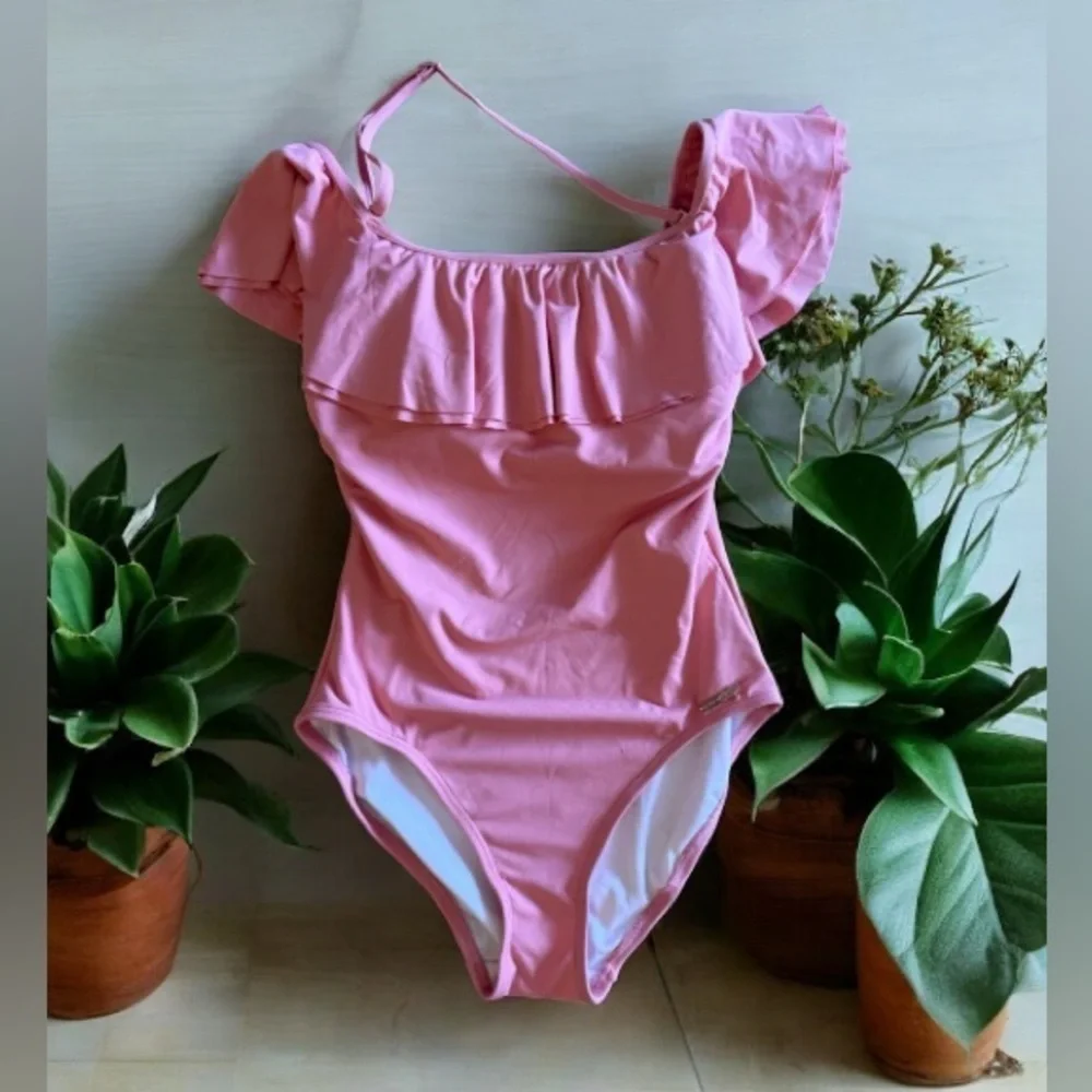 Michael Kors Pink Ruffle Swimsuit Built in Shelf Bra Padded Cups Off Shoulder 6